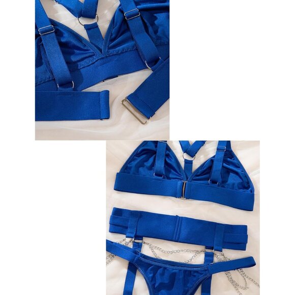 Women Blue Naughty 5 Pieces Lace Garter Belt Bodydoll Lingerie Set With Chain - Picture 7 of 8